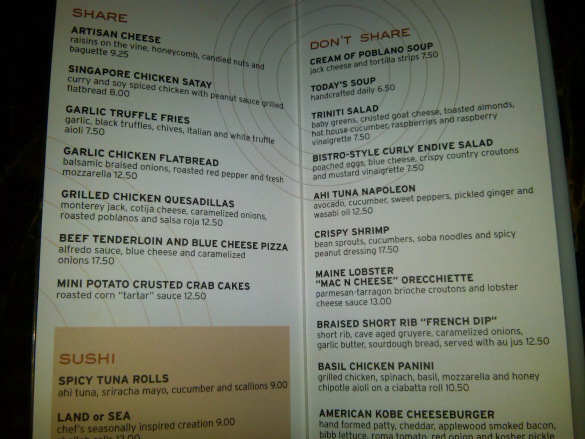 Tower Club Bar Menu