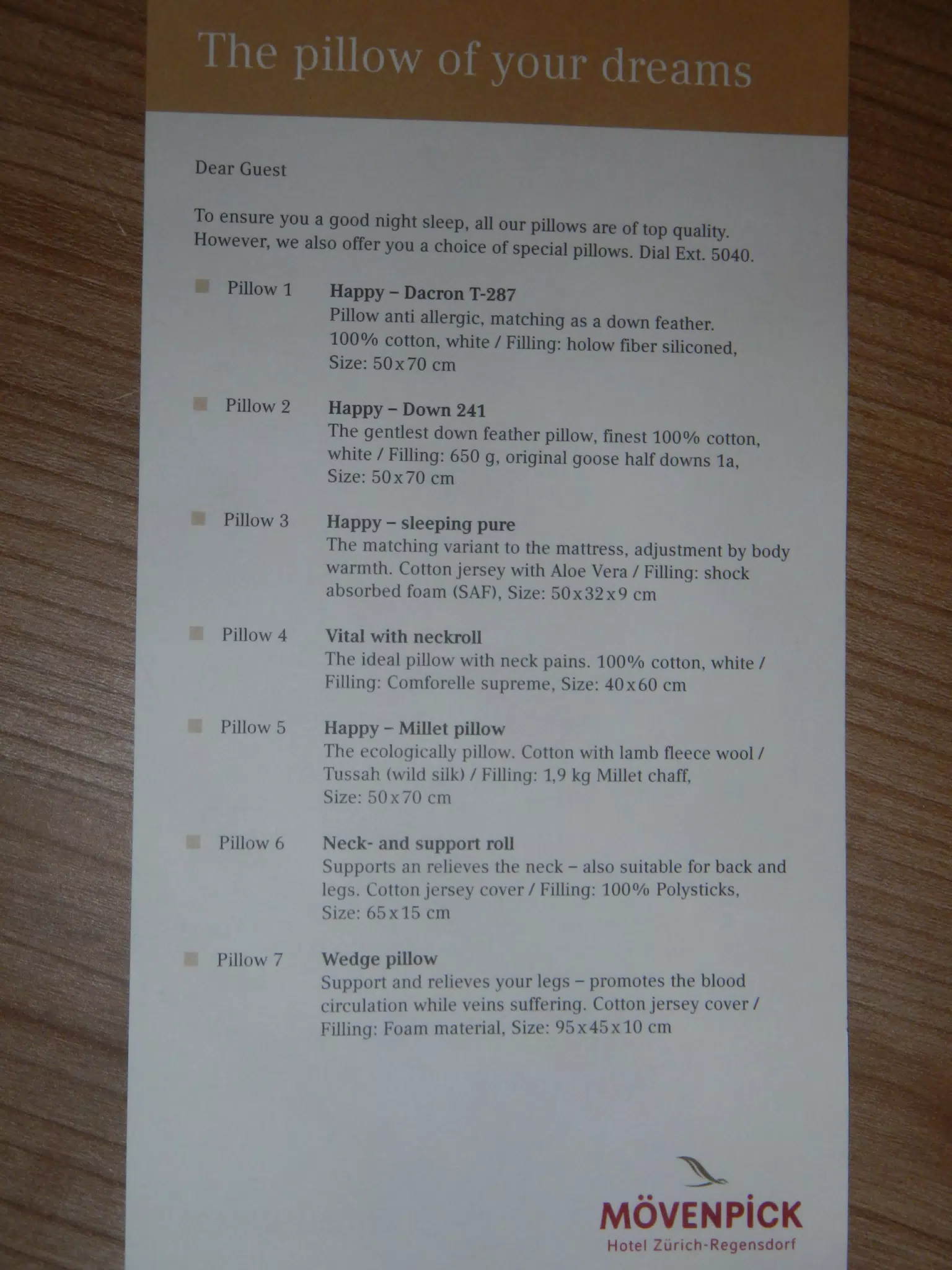 Pillow Menu at the Movenpick