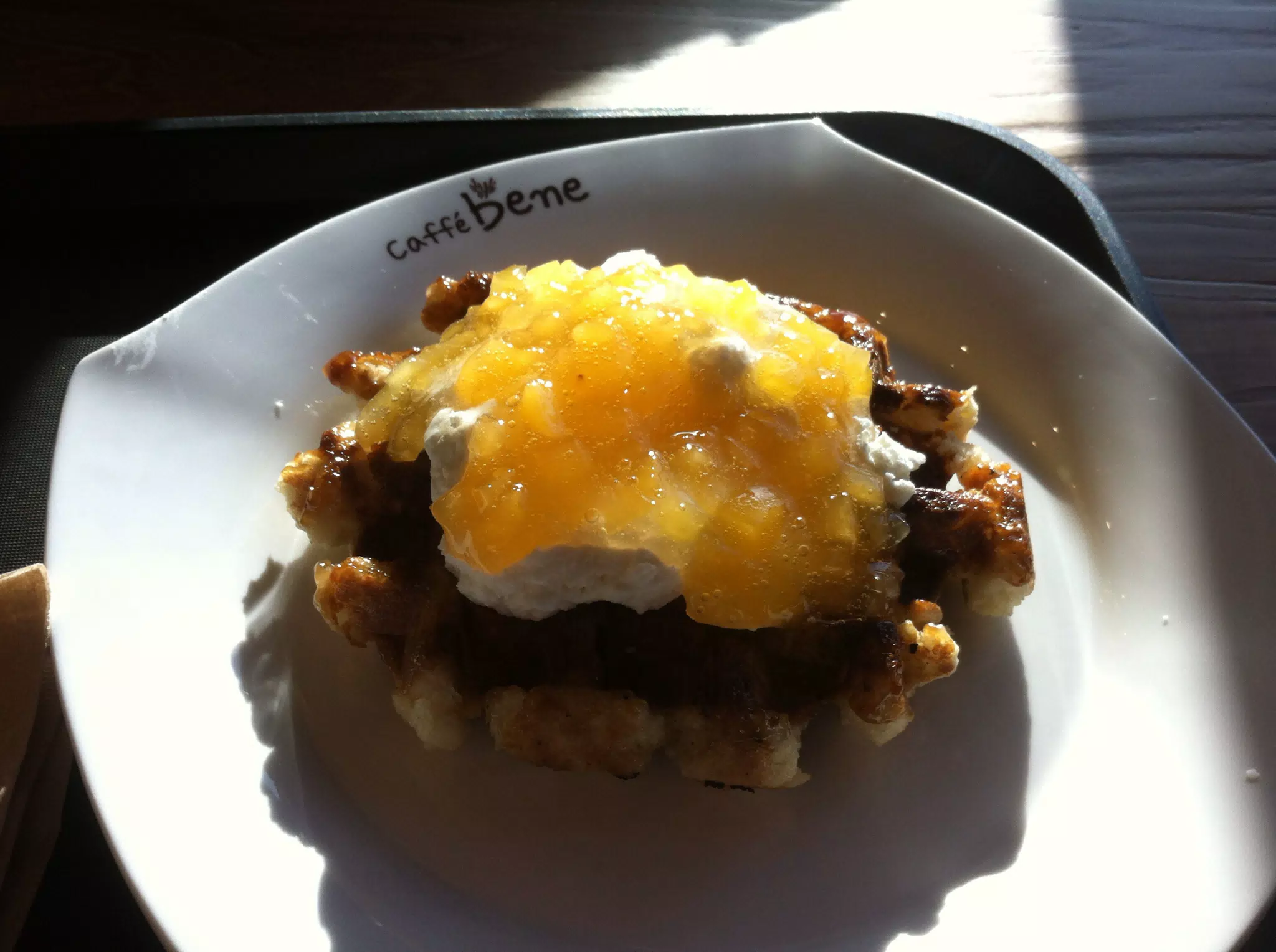 Belgian Waffle with Peaches and Goat Cheese